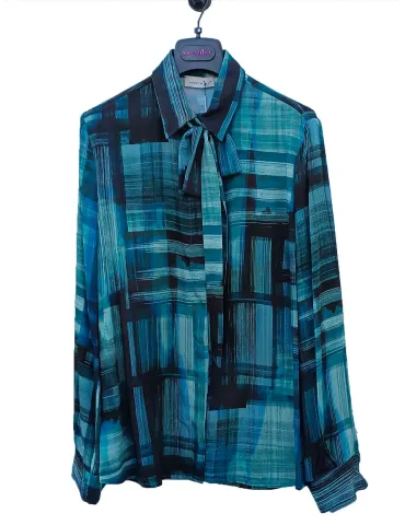 Petrol Green and Black Abstract Print Shirt with Scarf-Tie Detail