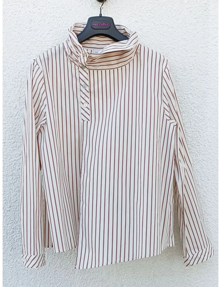 Asymmetric Beige Striped Shirt Blouse with Gathered Collar