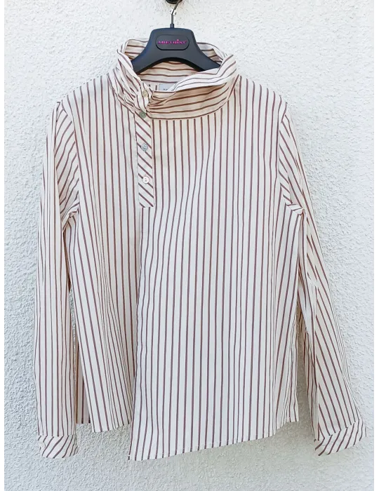 Asymmetric Beige Striped Shirt Blouse with Gathered Collar