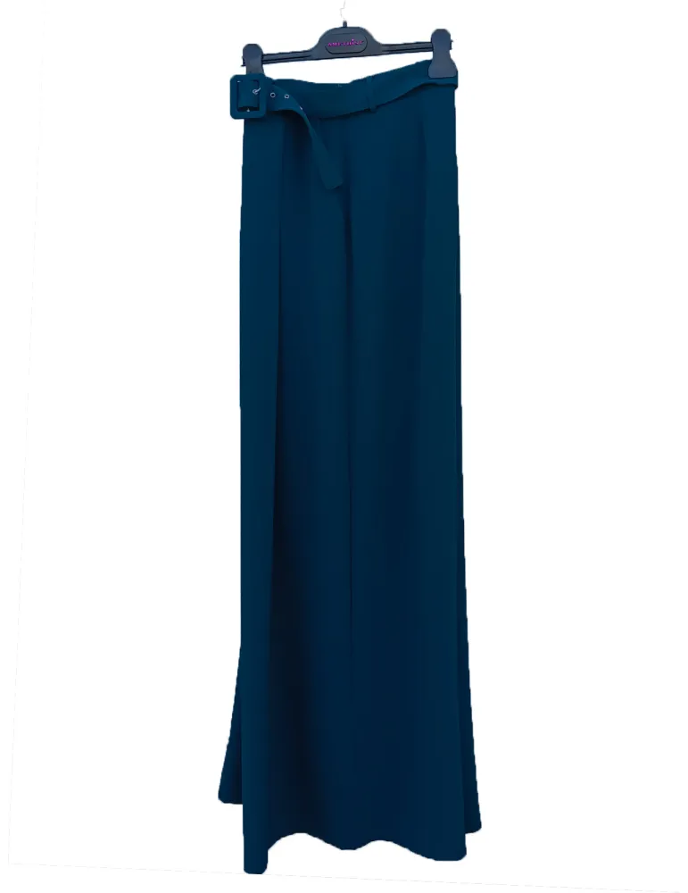 Petrol Blue Tailored Suit with Wide-Leg Trousers and Belt