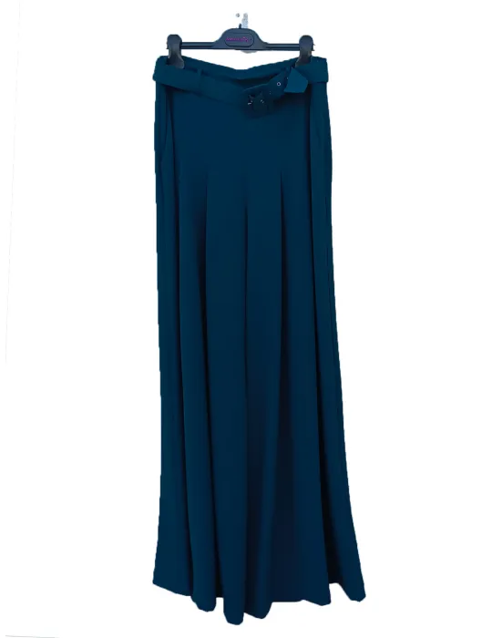 Petrol Blue Tailored Suit with Wide-Leg Trousers and Belt