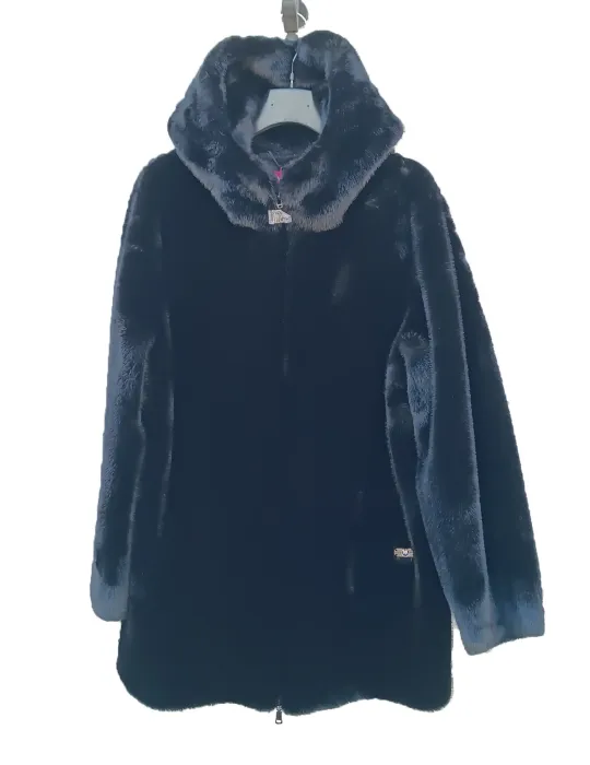 Black Reversed Shearling Fur Hooded Coat