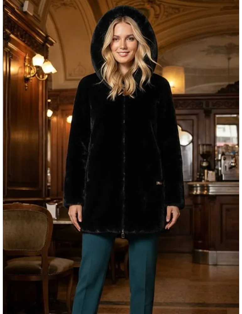 Black Reversed Shearling Fur Hooded Coat