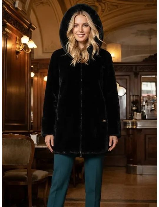 Black Reversed Shearling Fur Hooded Coat