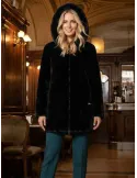 Black Reversed Shearling Fur Hooded Coat