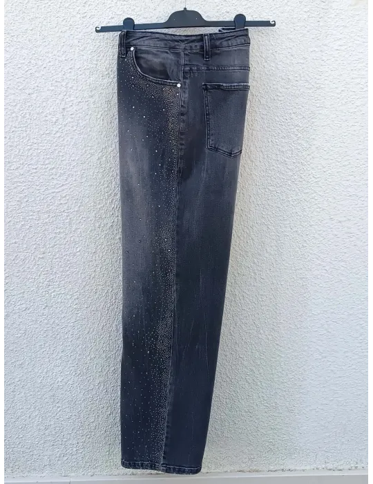 Pantaloni palazzo denim jeans grigio con strass - Moda curvy giovane