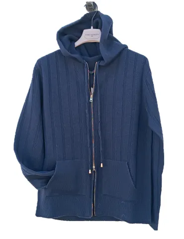 Blue merino wool hooded knit jacket jumpsuit style