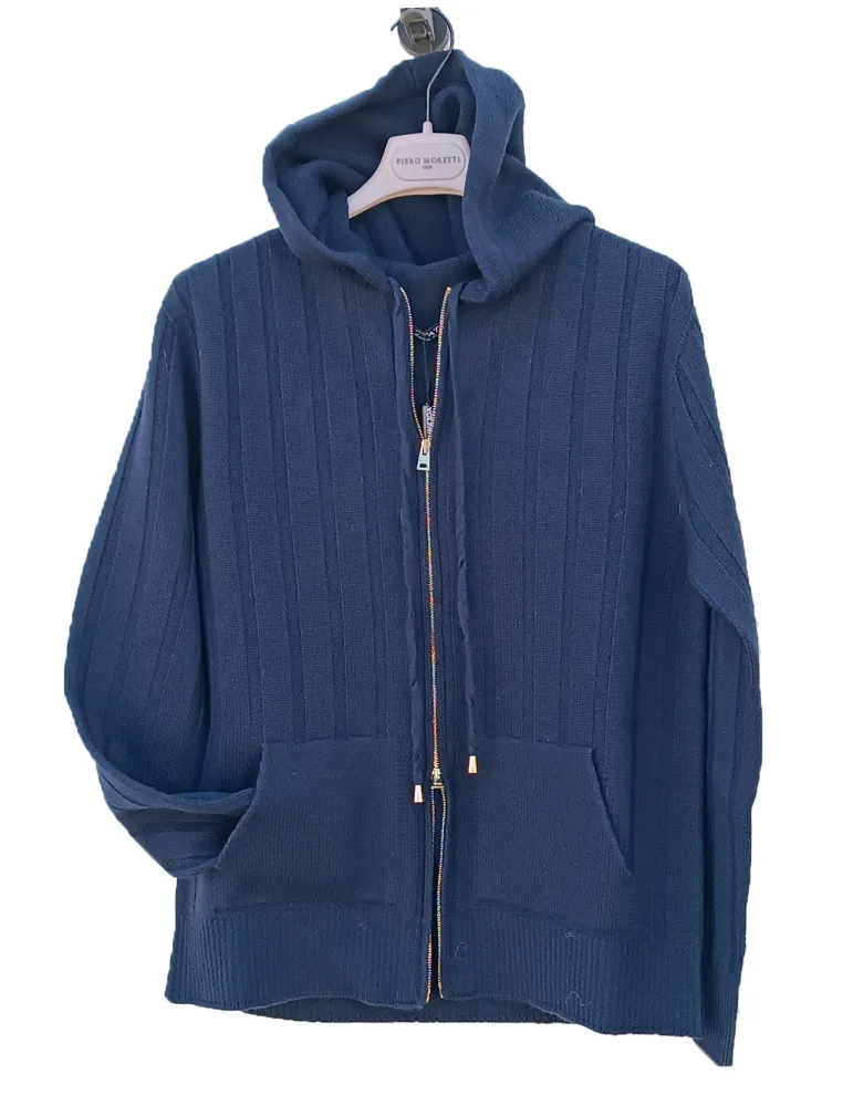Blue merino wool hooded knit jacket jumpsuit style