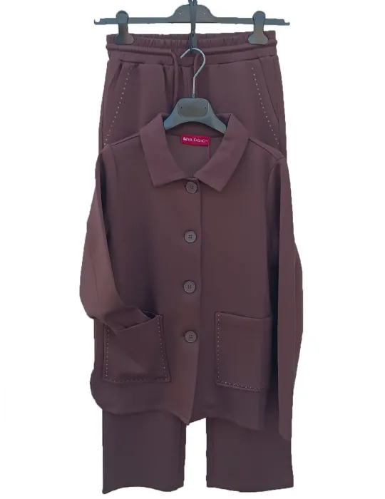 Brown neoprene-effect sweatshirt jacket with patch pocket in plus size