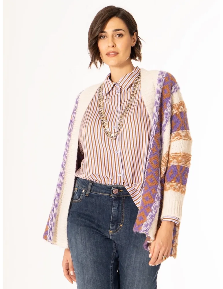 White Shirt with Lilac and Terracotta Stripes