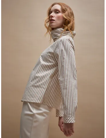 Asymmetric Beige Striped Shirt Blouse with Gathered Collar