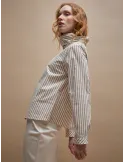 Asymmetric Beige Striped Shirt Blouse with Gathered Collar
