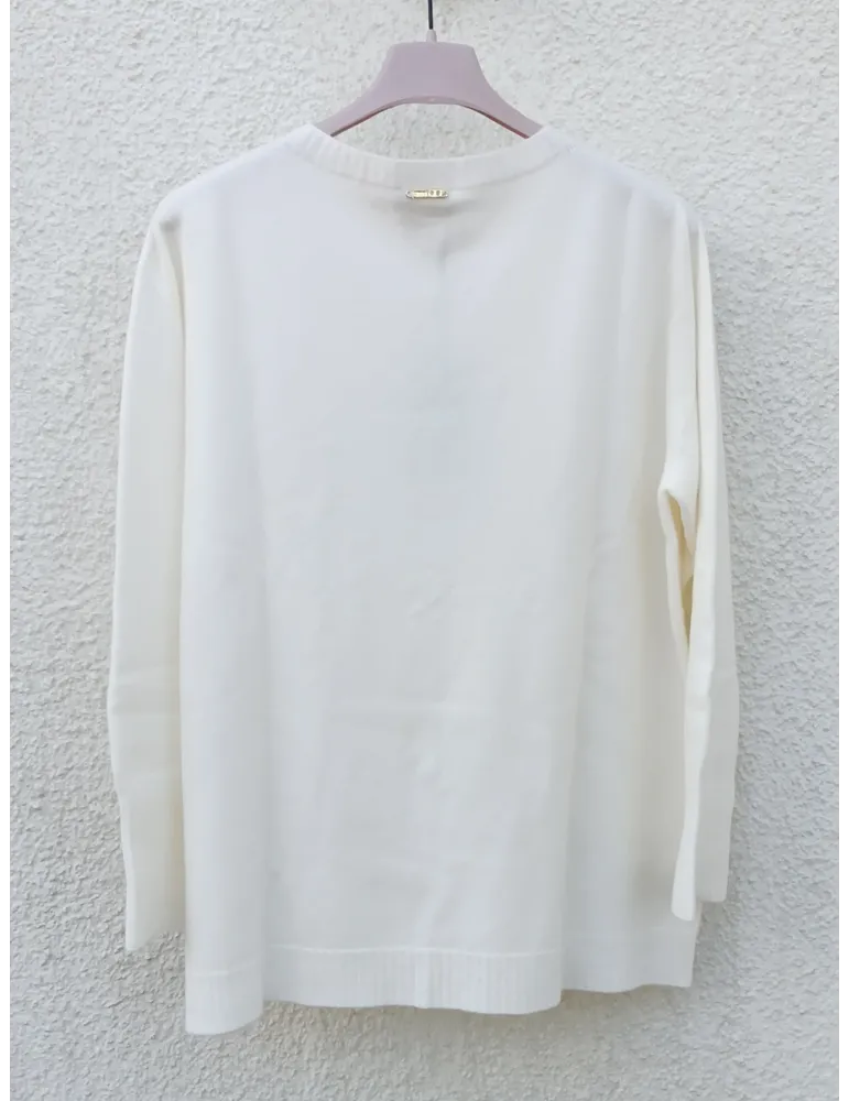 Milky white viscose knit Jumper with Embellished Rhinestones