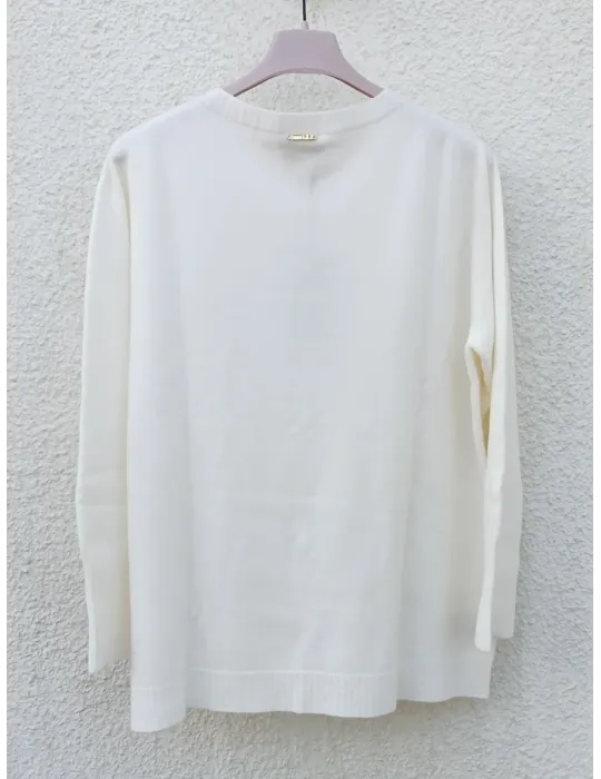 Milky white viscose knit Jumper with Embellished Rhinestones