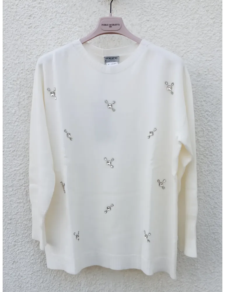 White viscose knit Jumper with Embellished Rhinestones
