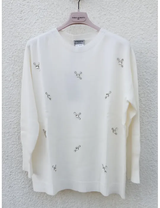 White viscose knit Jumper with Embellished Rhinestones