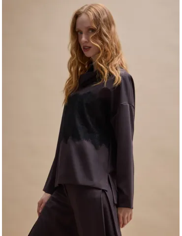 Brown Top Blouse with Doughnut Collar and Black Lace by Amethist