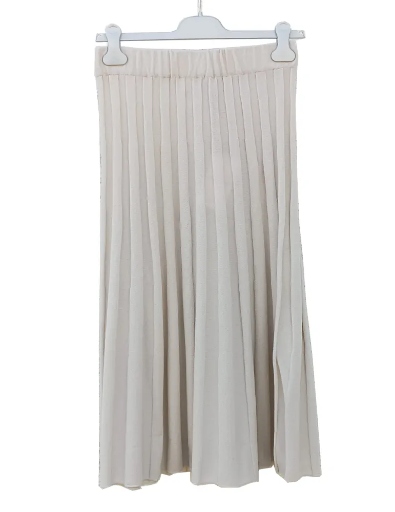 Frida Madè Beige Merino Wool and Cashmere Pleated Midi Skirt