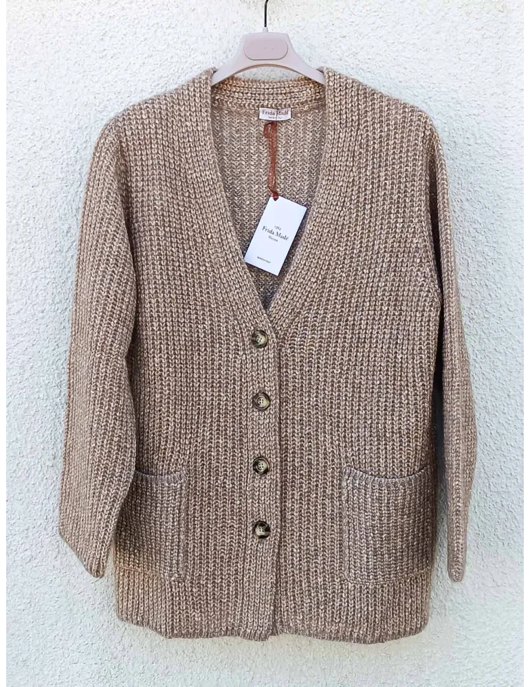Giacca cardigan grosso beige melange con filo oro Frida Madè