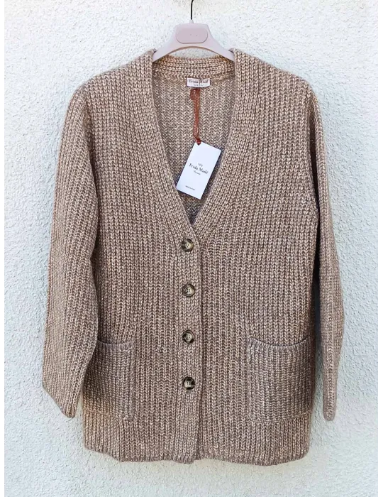Beige Melange Thick English Rib Cardigan Jacket | Italian knitwear