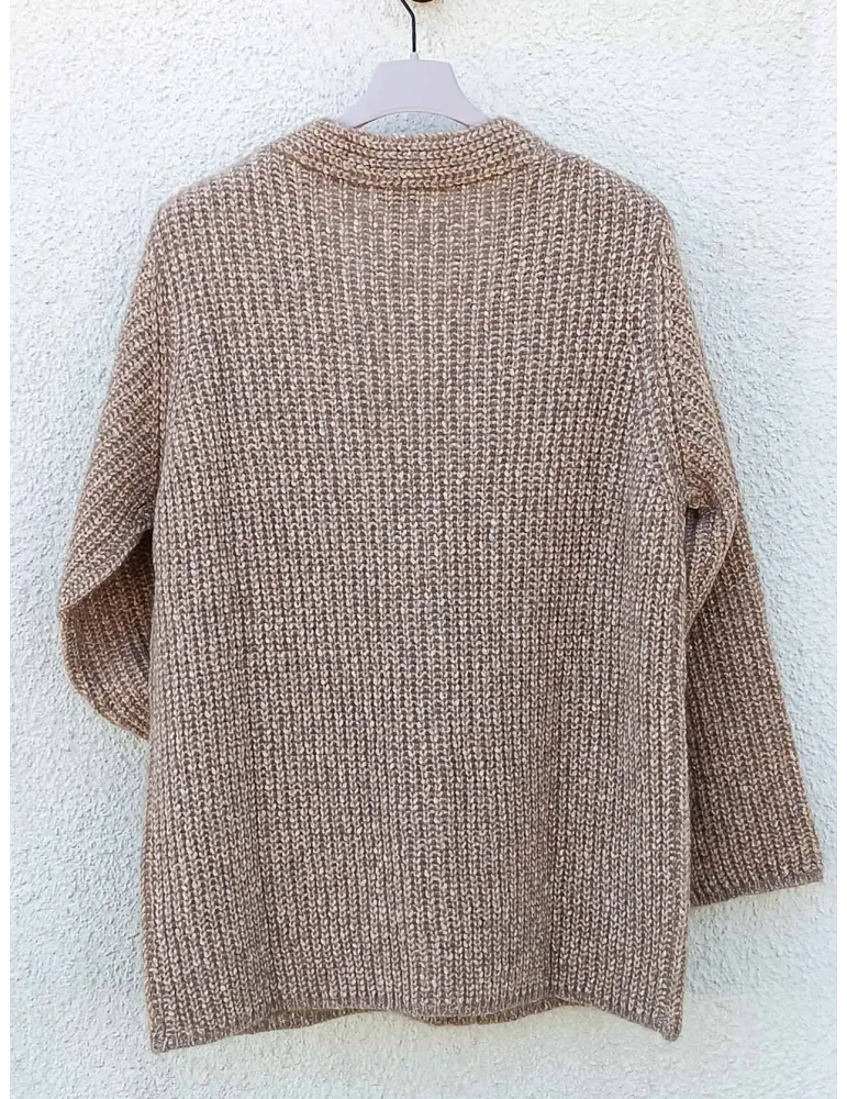 Beige Melange Thick English Rib Cardigan Jacket | Italian knitwear