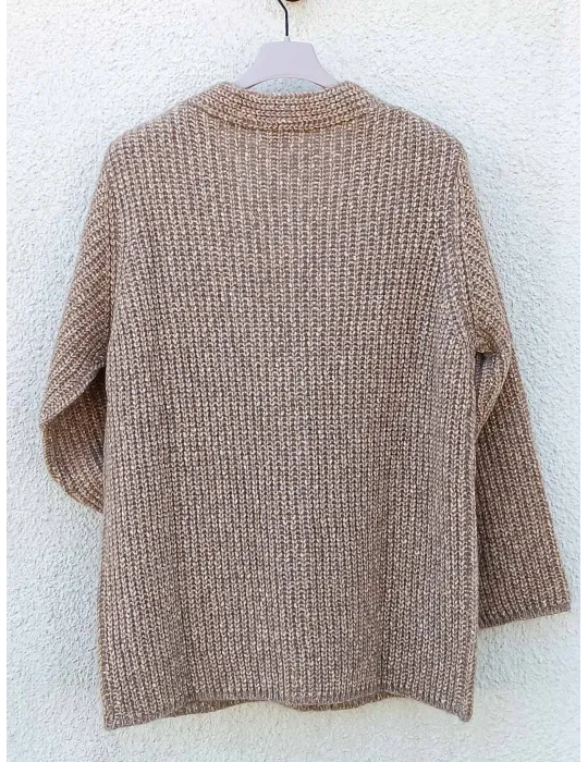 Beige Melange Thick English Rib Cardigan Jacket | Italian knitwear