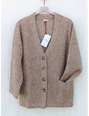 Giacca cardigan grosso beige melange con filo oro Frida Madè