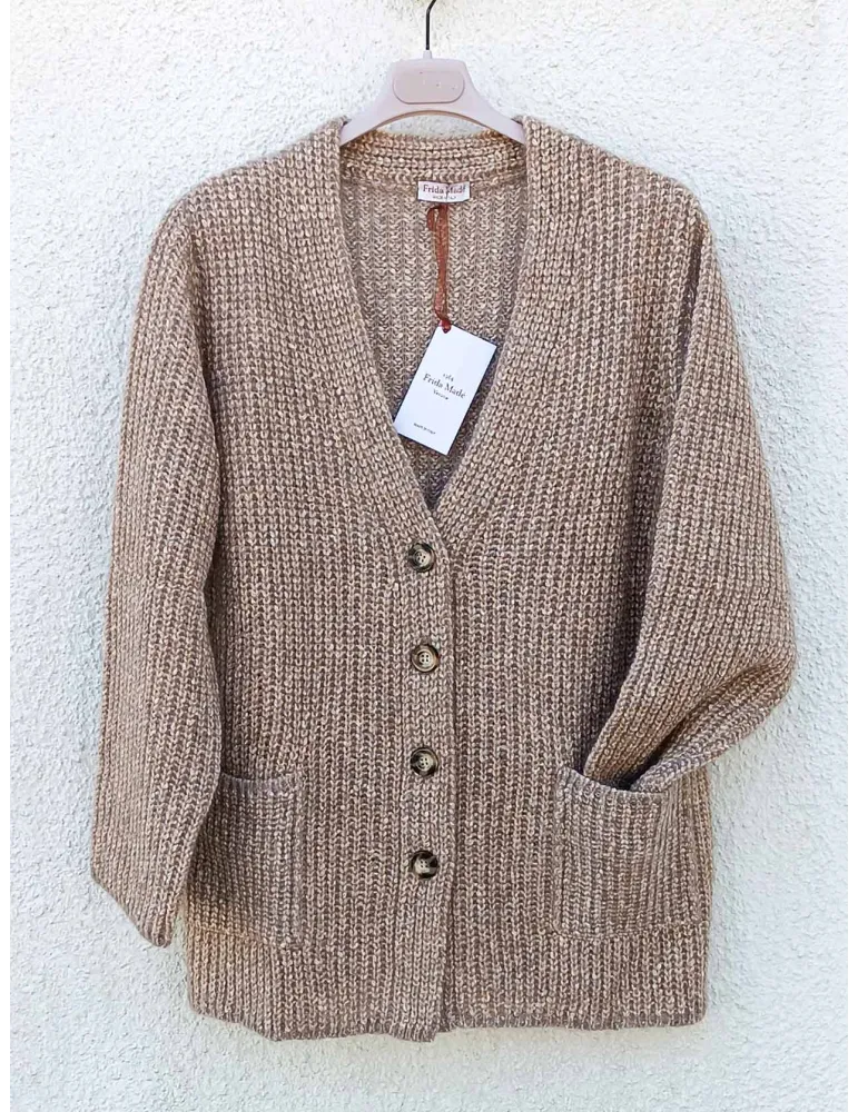 Beige Melange Thick English Rib Cardigan Jacket | Italian knitwear