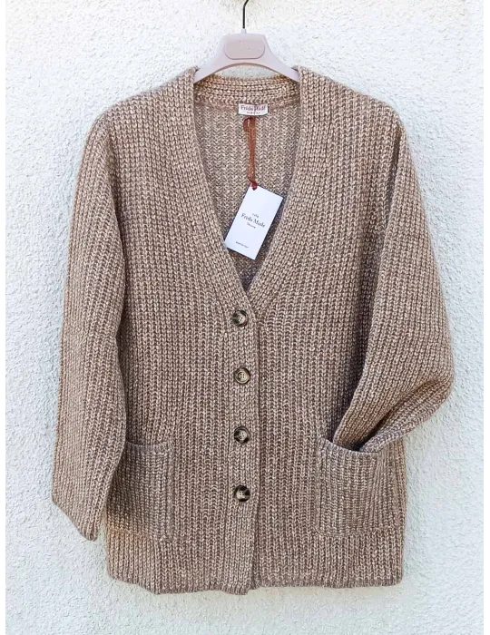 Giacca cardigan grosso beige melange con filo oro Frida Madè
