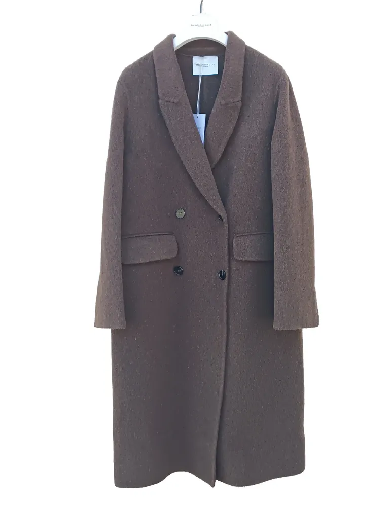 Long Brown Double-Face Wool Coat in Merino, Yak and Silk