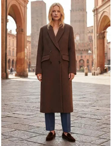 Long Brown Double-Face Wool Coat in Merino, Yak and Silk - Maesta Milano