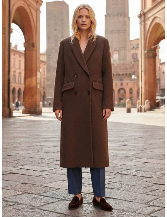 Long Brown Double-Face Wool Coat in Merino, Yak and Silk
