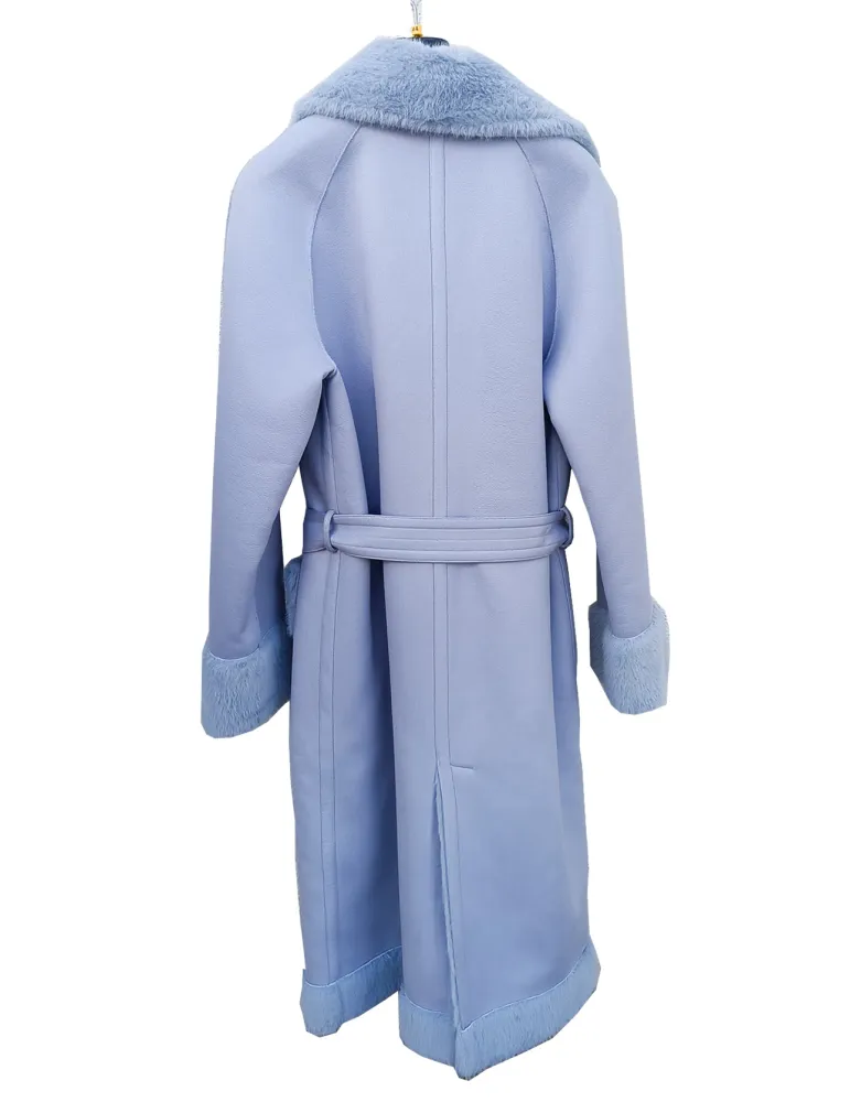 Light Blue Eco-Shearling Coat with Oversized Pockets and Belt