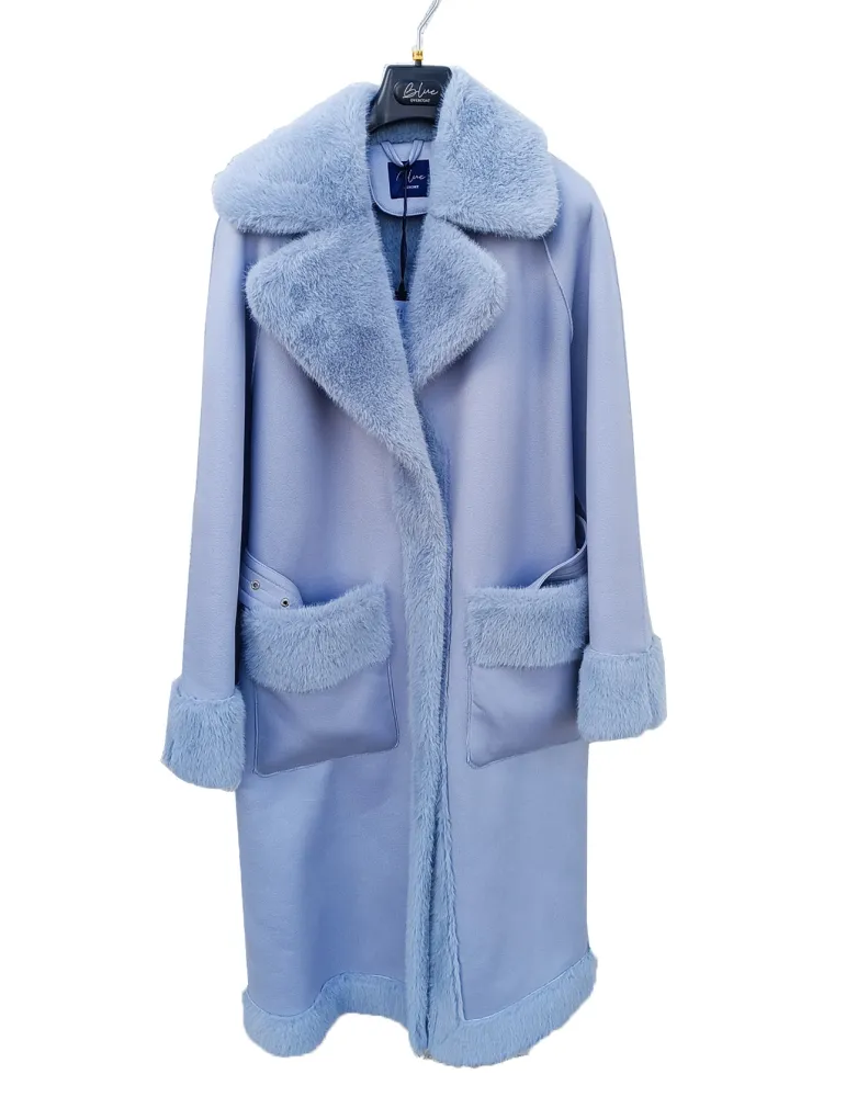 Light Blue Eco-Shearling Coat with Oversized Pockets and Belt