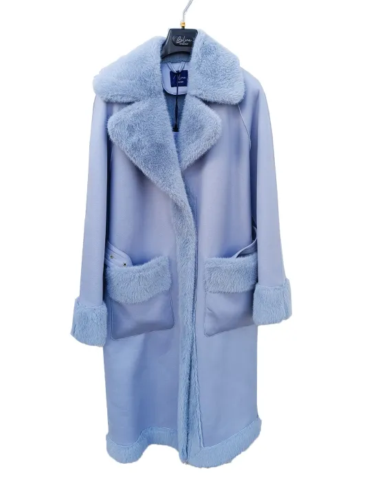 Light Blue Eco-Shearling Coat with Oversized Pockets and Belt