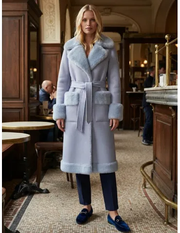 Cappotto eco montone celeste con cintura Blue Overcoat