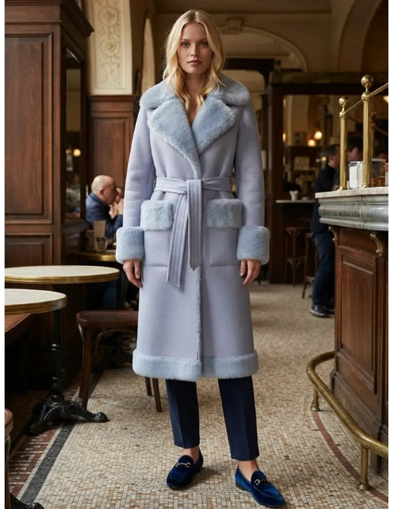 Light Blue Eco-Shearling Coat with Oversized Pockets and Belt