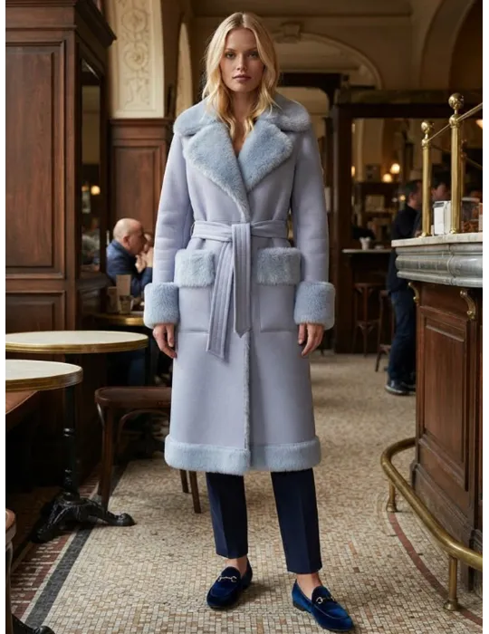 Light Blue Eco-Shearling Coat with Oversized Pockets and Belt