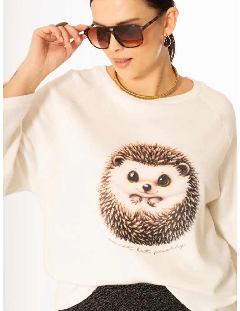White Sweatshirt Knit with Hedgehog Print | Plus size fit
