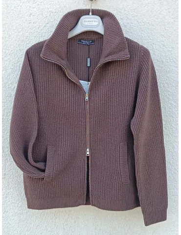 Brown Extra-Fine Merino Wool Zip Cardigan in English Rib Knit