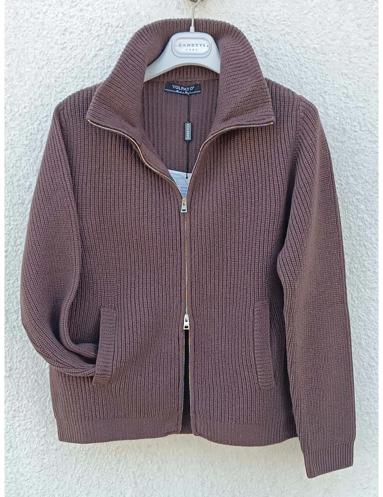 Brown Extra-Fine Merino Wool Zip Cardigan in English Rib Knit