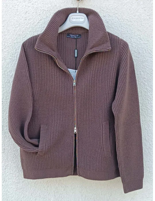 Brown Extra-Fine Merino Wool Zip Cardigan in English Rib Knit Volpato
