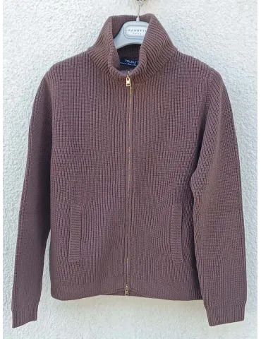 Brown Extra-Fine Merino Wool Zip Cardigan in English Rib Knit Volpato 2