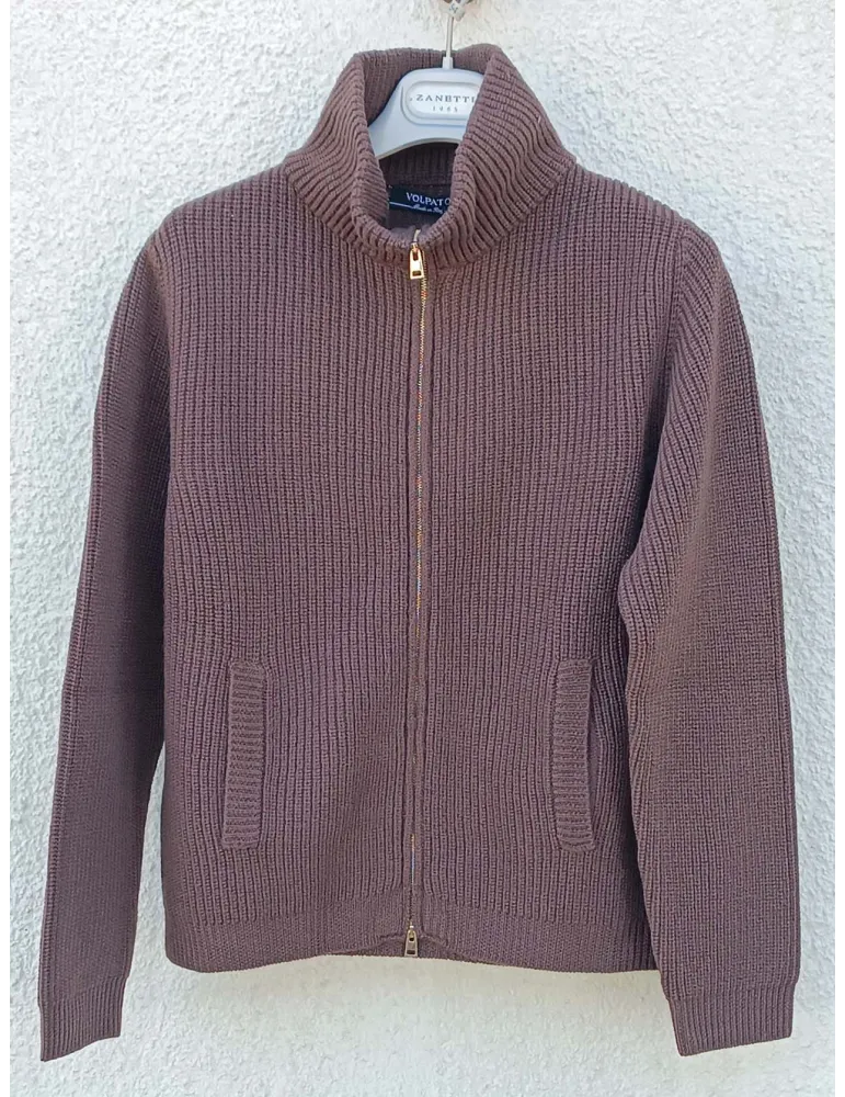 Brown Extra-Fine Merino Wool Zip Cardigan in English Rib Knit
