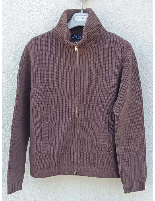 Brown Extra-Fine Merino Wool Zip Cardigan in English Rib Knit