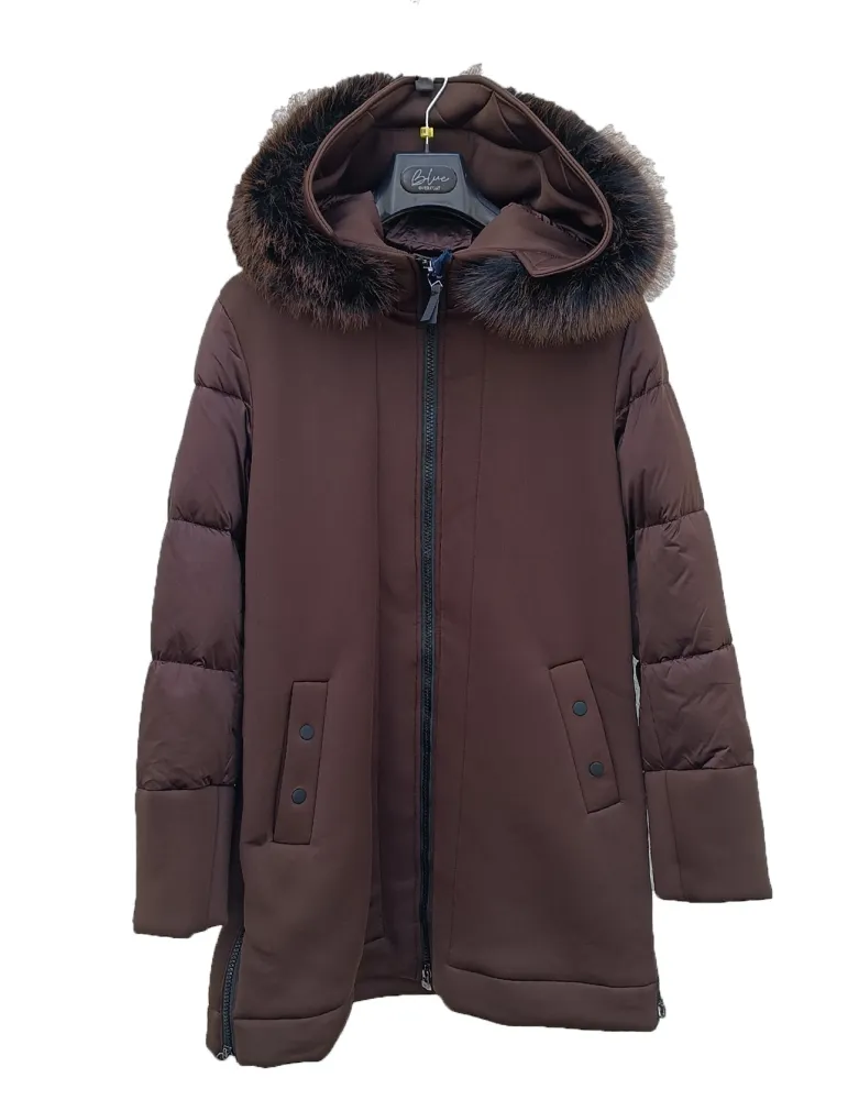 Brown Padded Scuba Jacket with Hood and Fur Trim