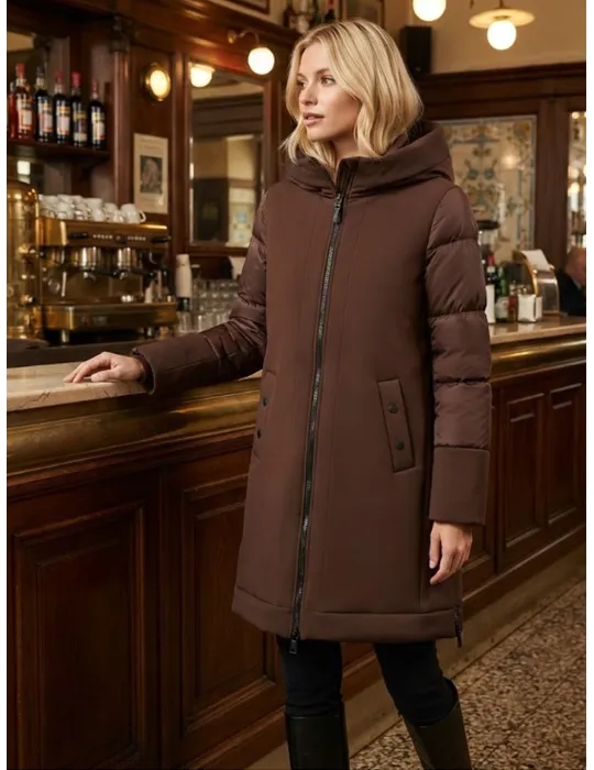 Giaccone scuba  marrone con cappuccio e pelliccia fino alla taglia 62