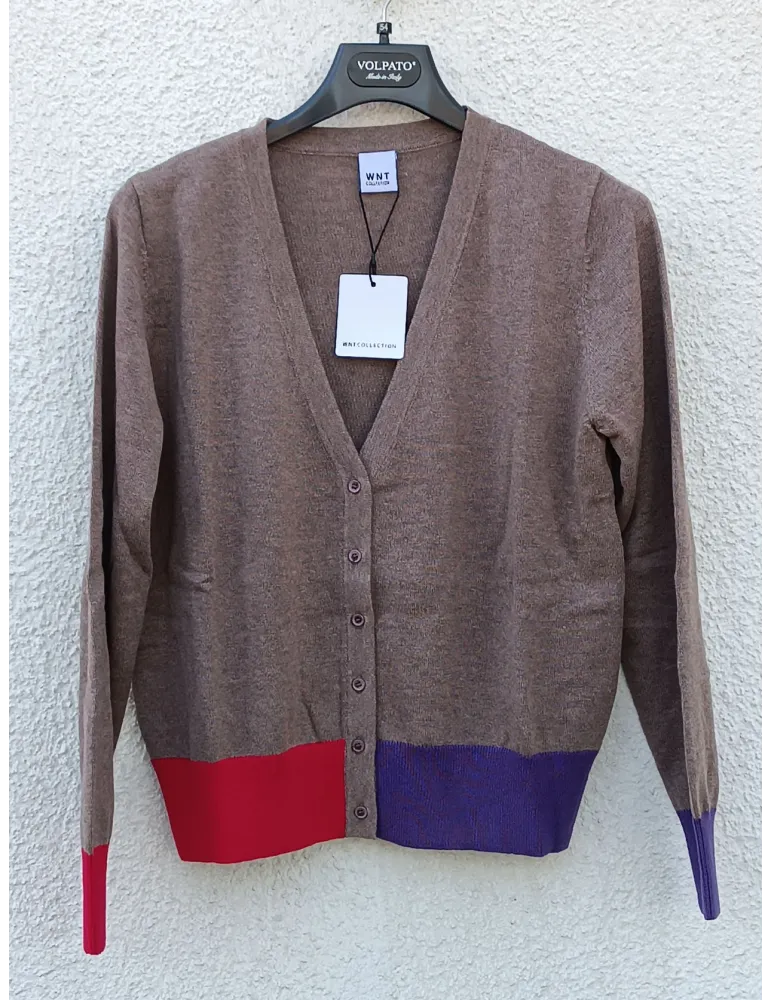 Beige Taupe Cardigan Jacket with Purple and Red Details