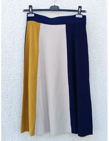 Blue, Beige & Mustard Yellow Knit Midi Skirt
