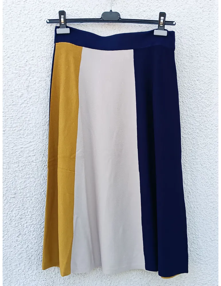 Blue, Beige & Mustard Yellow Knit Midi Skirt